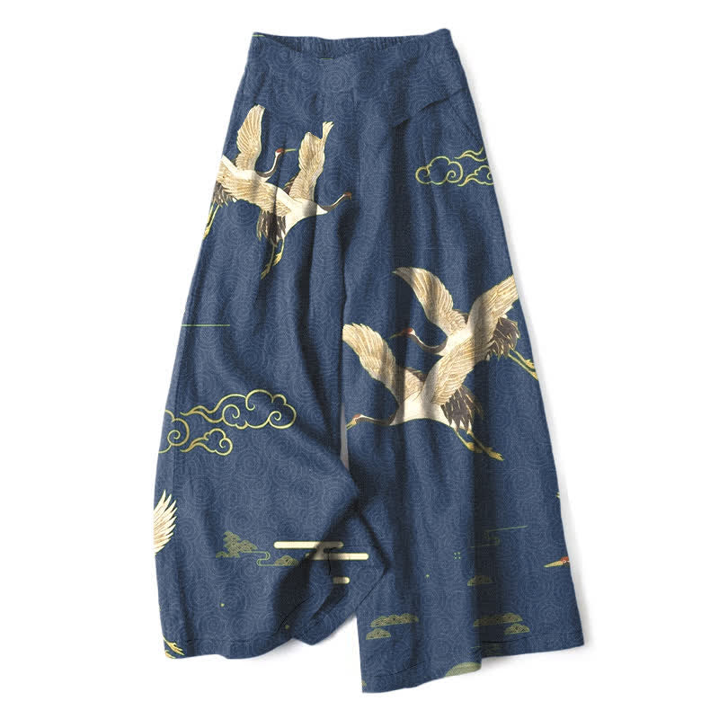 Buddha Stones Baumwoll-Leinen-Hose mit orientalischem Kranich- und Wolkenmuster, elastischem Bund, weitem Bein und Taschen - Marine - US16, UK/AU20, EU48 (3XL) - image 0