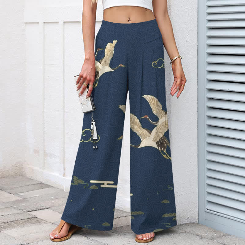 Buddha Stones Baumwoll-Leinen-Hose mit orientalischem Kranich- und Wolkenmuster, elastischem Bund, weitem Bein und Taschen - image 1