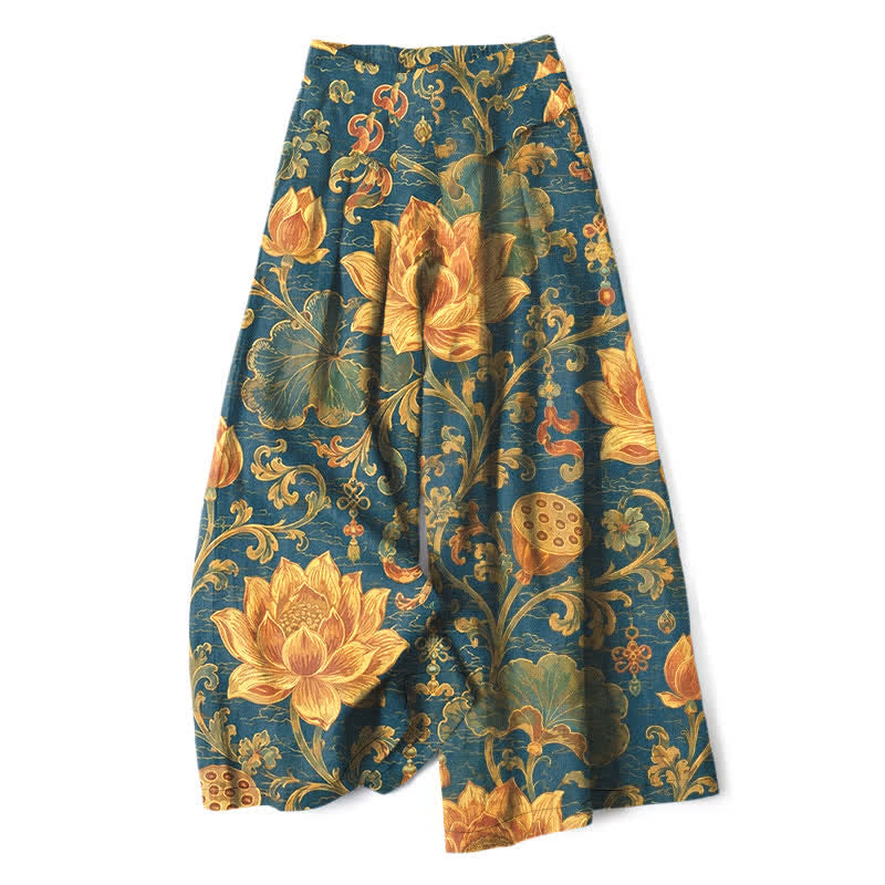 Buddha Stones Baumwoll-Leinen-Hose mit Vintage-Lotusblumenmuster, elastischem Bund, weitem Bein und Taschen - Türkis - US16, UK/AU20, EU48 (3XL) - image 0