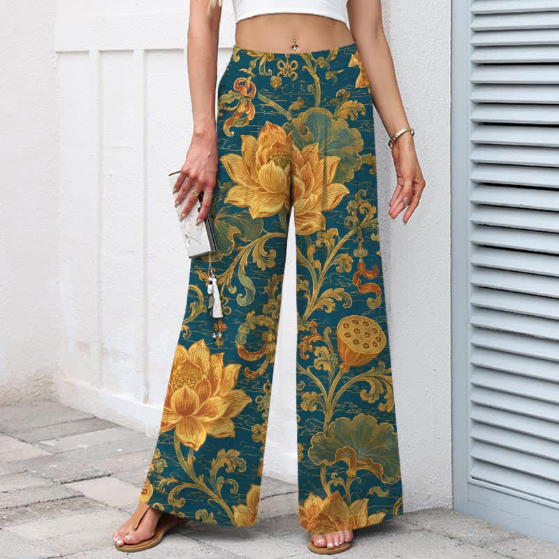 Buddha Stones Baumwoll-Leinen-Hose mit Vintage-Lotusblumenmuster, elastischem Bund, weitem Bein und Taschen - image 1