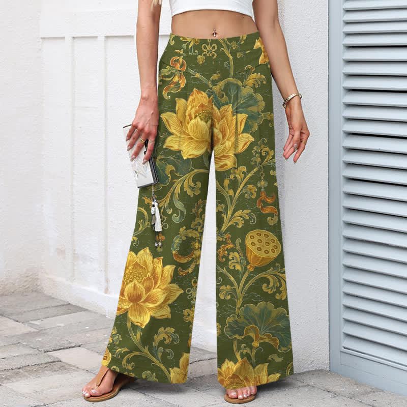 Buddha Stones Baumwoll-Leinen-Hose mit Vintage-Lotusblumenmuster, elastischem Bund, weitem Bein und Taschen - image 5