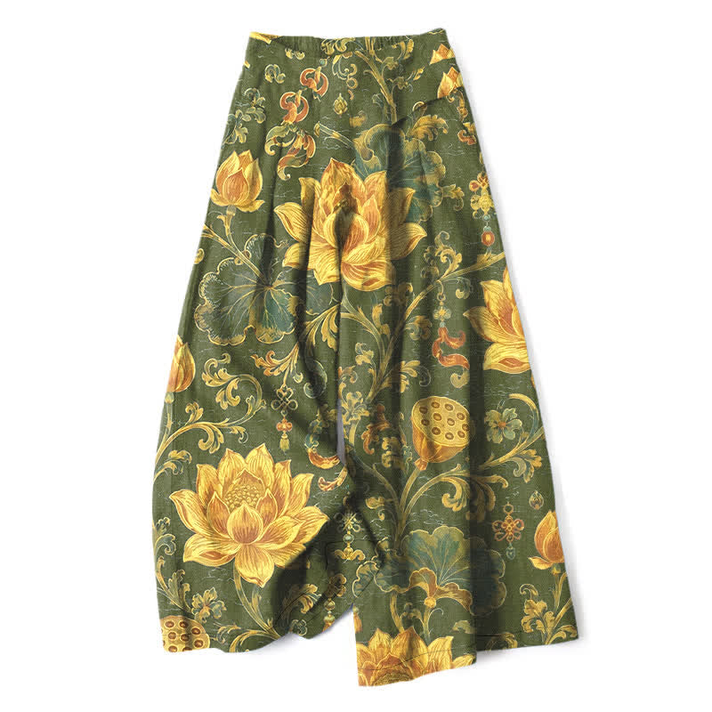 Buddha Stones Baumwoll-Leinen-Hose mit Vintage-Lotusblumenmuster, elastischem Bund, weitem Bein und Taschen - Olivgrün - US16, UK/AU20, EU48 (3XL) - image 4