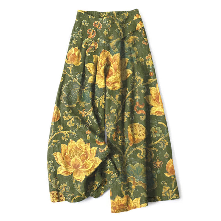 Buddha Stones Baumwoll-Leinen-Hose mit Vintage-Lotusblumenmuster, elastischem Bund, weitem Bein und Taschen - Olivgrün - US16, UK/AU20, EU48 (3XL) - image 4