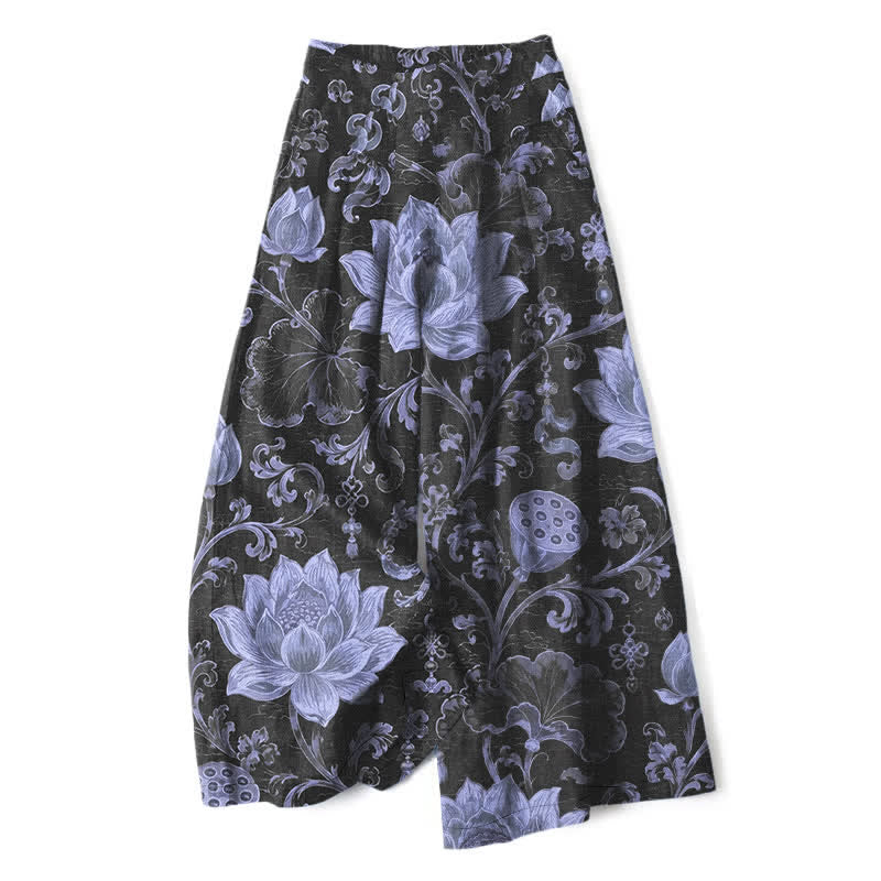 Buddha Stones Baumwoll-Leinen-Hose mit Vintage-Lotusblumenmuster, elastischem Bund, weitem Bein und Taschen - Schwarz - US16, UK/AU20, EU48 (3XL) - image 6
