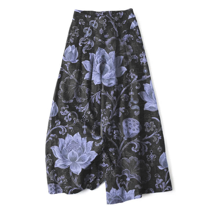 Buddha Stones Baumwoll-Leinen-Hose mit Vintage-Lotusblumenmuster, elastischem Bund, weitem Bein und Taschen - Schwarz - US16, UK/AU20, EU48 (3XL) - image 6