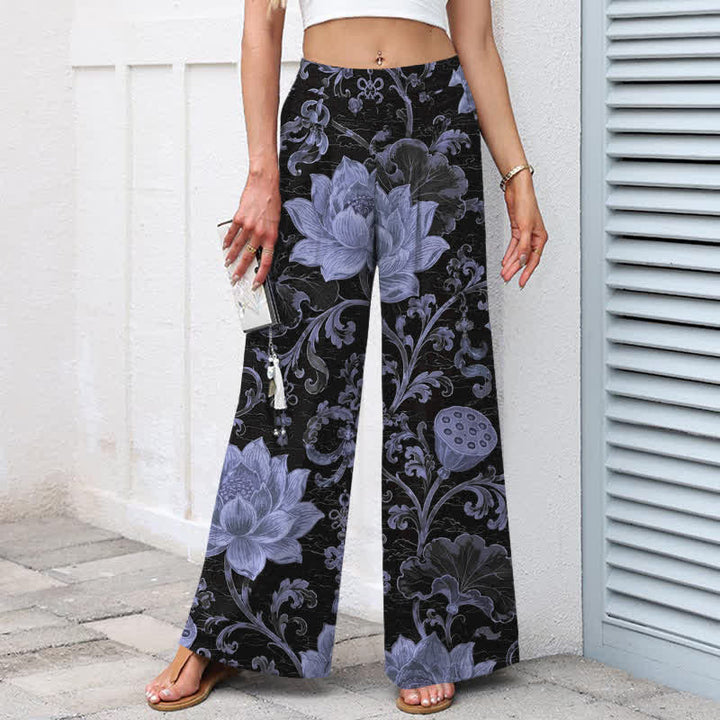 Buddha Stones Baumwoll-Leinen-Hose mit Vintage-Lotusblumenmuster, elastischem Bund, weitem Bein und Taschen - image 7