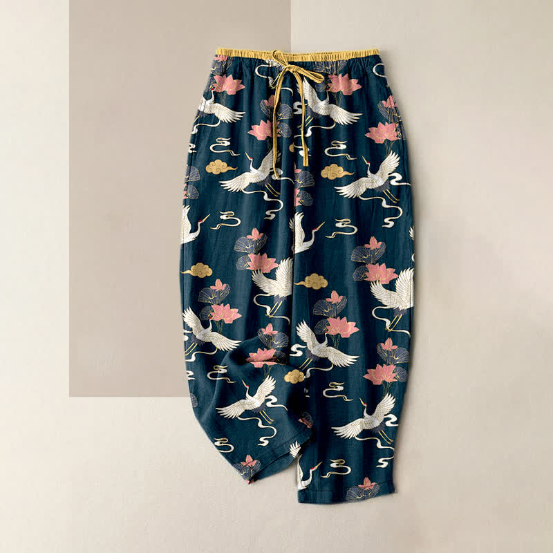 Buddha Stones Damenhose aus reiner Baumwolle mit Vintage-Lotus-Kranich-Muster, elastischem Bund und Taschen - Dunkelgrau - US16, UK/AU20, EU48 (3XL) - image 0