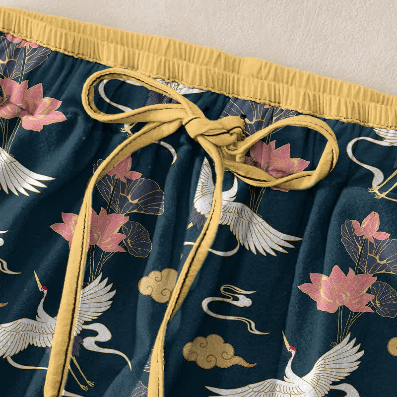 Buddha Stones Damenhose aus reiner Baumwolle mit Vintage-Lotus-Kranich-Muster, elastischem Bund und Taschen - image 1