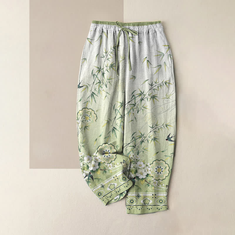 Buddha Stones Damenhose aus reiner Baumwolle mit orientalischem Bambusblütenmuster, elastischem Bund und Taschen - Hellgrün - US16, UK/AU20, EU48 (3XL) - image 0