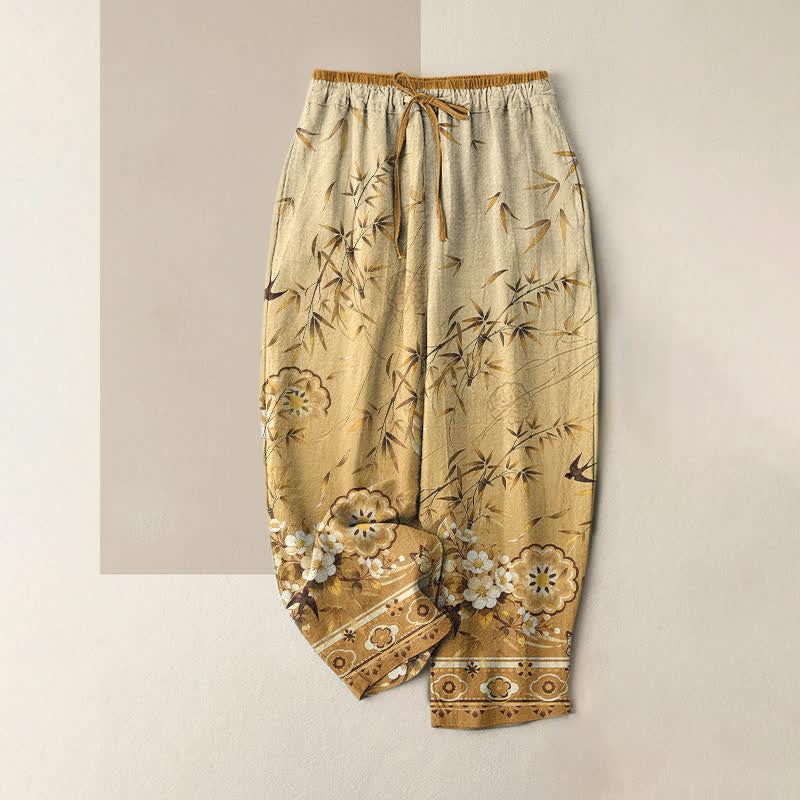 Buddha Stones Damenhose aus reiner Baumwolle mit orientalischem Bambusblütenmuster, elastischem Bund und Taschen - Goldrute - US16, UK/AU20, EU48 (3XL) - image 4