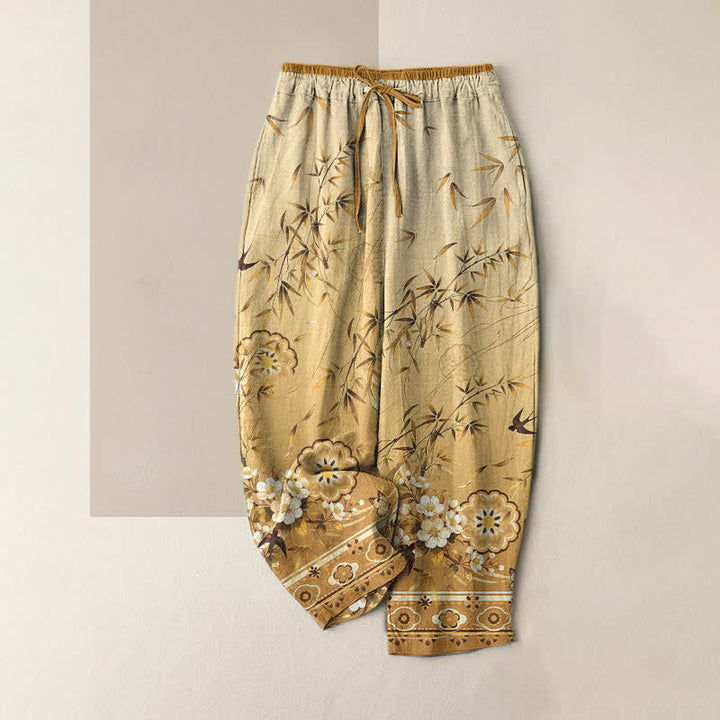Buddha Stones Damenhose aus reiner Baumwolle mit orientalischem Bambusblütenmuster, elastischem Bund und Taschen - Goldrute - US16, UK/AU20, EU48 (3XL) - image 4