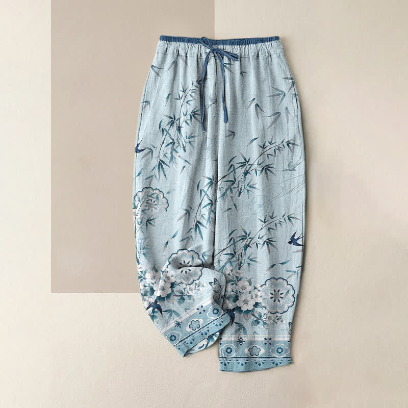 Buddha Stones Damenhose aus reiner Baumwolle mit orientalischem Bambusblütenmuster, elastischem Bund und Taschen - Türkis - US16, UK/AU20, EU48 (3XL) - image 5