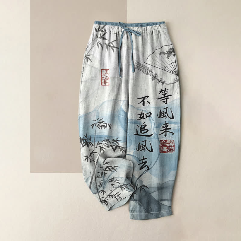 Buddha Stones Damenhose aus reiner Baumwolle mit orientalischem Bambusmuster, elastischem Bund und Taschen - Hellblau - US16, UK/AU20, EU48 (3XL) - image 0
