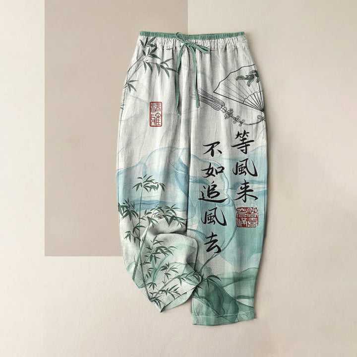 Buddha Stones Damenhose aus reiner Baumwolle mit orientalischem Bambusmuster, elastischem Bund und Taschen - Mittelseegrün - US16, UK/AU20, EU48 (3XL) - image 4