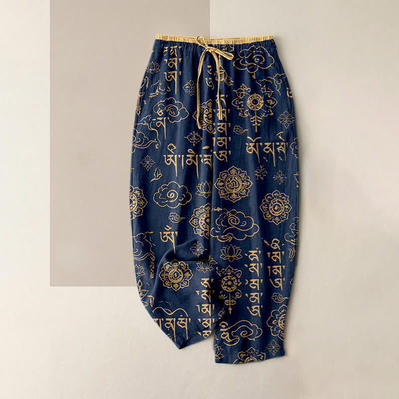 Buddha Stones Damenhose aus reiner Baumwolle mit tibetischem Schriftmuster, elastischem Bund und Taschen - Marine - US16, UK/AU20, EU48 (3XL) - image 0