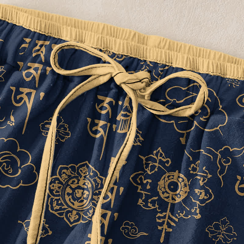 Buddha Stones Damenhose aus reiner Baumwolle mit tibetischem Schriftmuster, elastischem Bund und Taschen - image 1