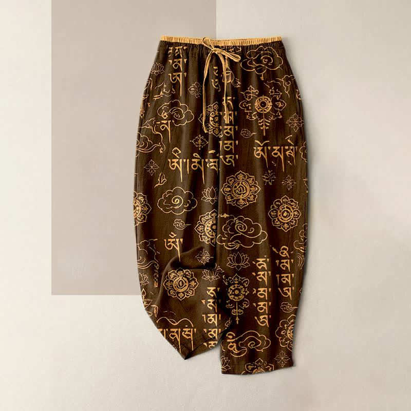 Buddha Stones Damenhose aus reiner Baumwolle mit tibetischem Schriftmuster, elastischem Bund und Taschen - Sattelbraun - US16, UK/AU20, EU48 (3XL) - image 5