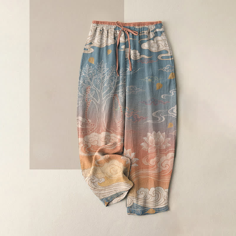 Buddha Stones Damenhose aus reiner Baumwolle mit Lotus-Wolken-Farbverlaufsmuster, elastischem Bund und Taschen - Helllachs - US16, UK/AU20, EU48 (3XL) - image 0