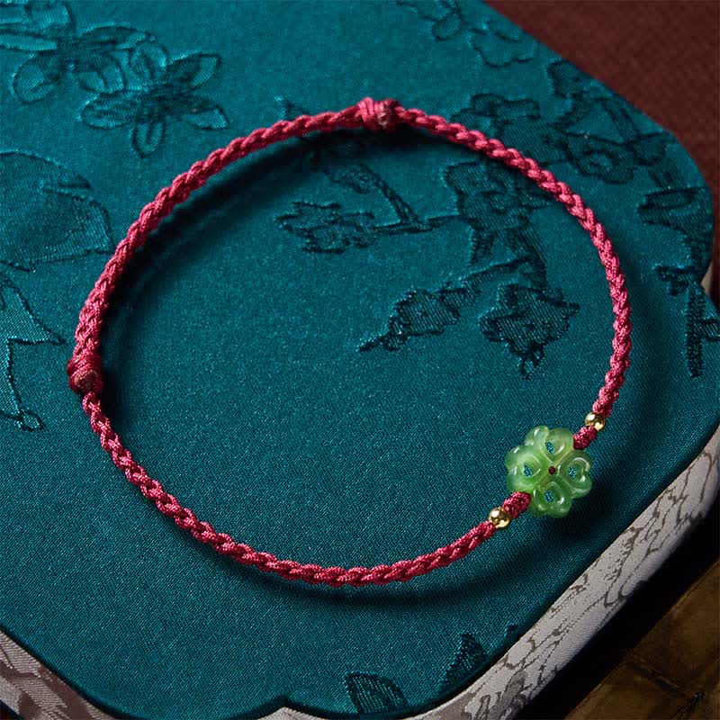 Buddha Stones Armband aus natürlichem Hetian-Cyan-Jade, vierblättrigem Kleeblatt und rotem Seil - image 9