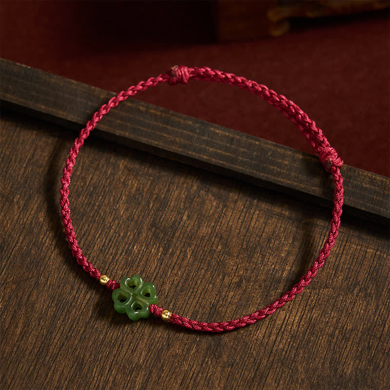 Buddha Stones Armband aus natürlichem Hetian-Cyan-Jade, vierblättrigem Kleeblatt und rotem Seil - image 3