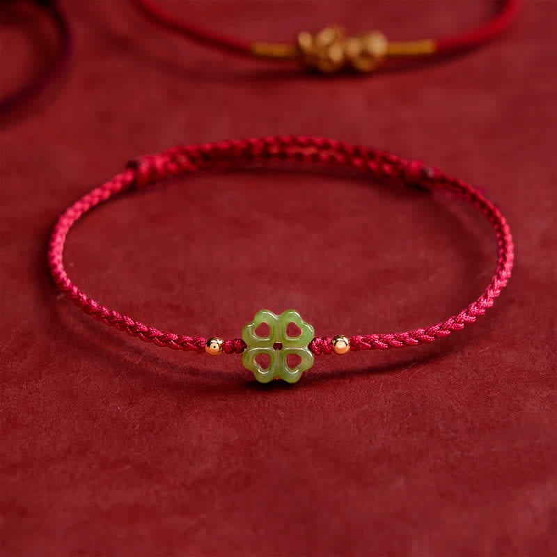 Buddha Stones Armband aus natürlichem Hetian-Cyan-Jade, vierblättrigem Kleeblatt und rotem Seil - image 2