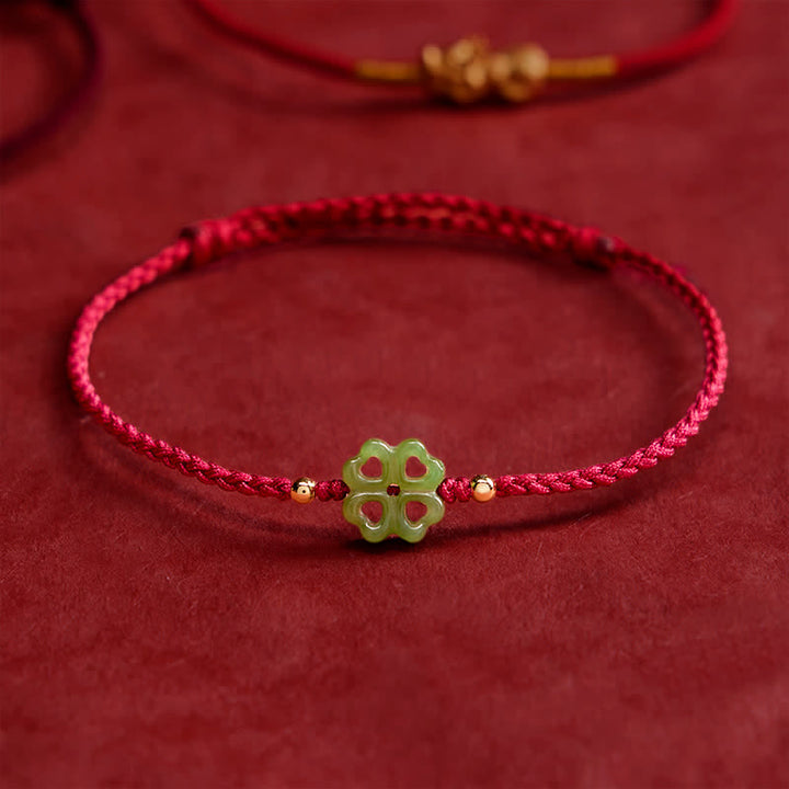 Buddha Stones Armband aus natürlichem Hetian-Cyan-Jade, vierblättrigem Kleeblatt und rotem Seil - image 2