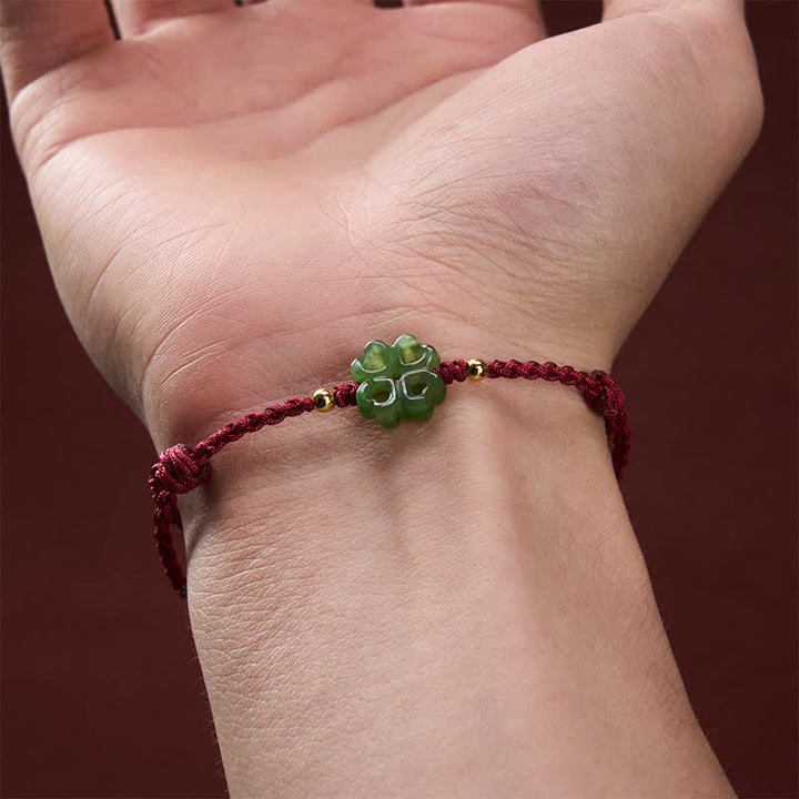 Buddha Stones Armband aus natürlichem Hetian-Cyan-Jade, vierblättrigem Kleeblatt und rotem Seil - image 8