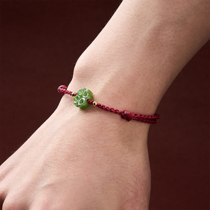 Buddha Stones Armband aus natürlichem Hetian-Cyan-Jade, vierblättrigem Kleeblatt und rotem Seil - image 4