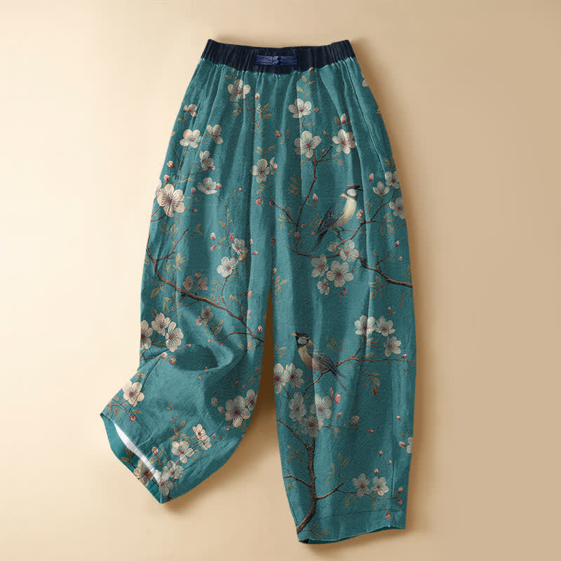 Buddha Stones Damen-Haremshose aus reiner Baumwolle mit Vintage-Blüten- und Vogelmuster, Froschknopfverschluss, elastischem Bund und Taschen - Mitteltürkis - US16, UK/AU20, EU48 (3XL) - image 0