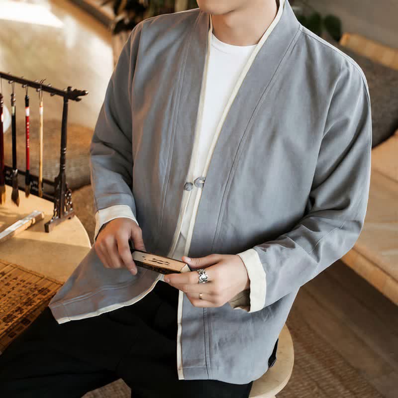 Buddha Stones Herbst/Winter Tang Style Minimalistischer Kimono mit Froschknopf aus einfarbiger Baumwolle für Herren - image 12