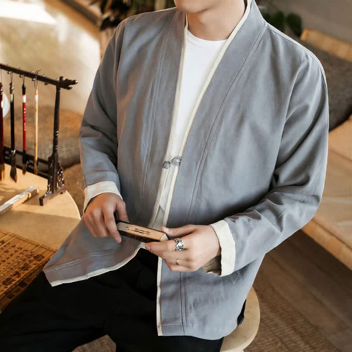 Buddha Stones Herbst/Winter Tang Style Minimalistischer Kimono mit Froschknopf aus einfarbiger Baumwolle für Herren - image 12