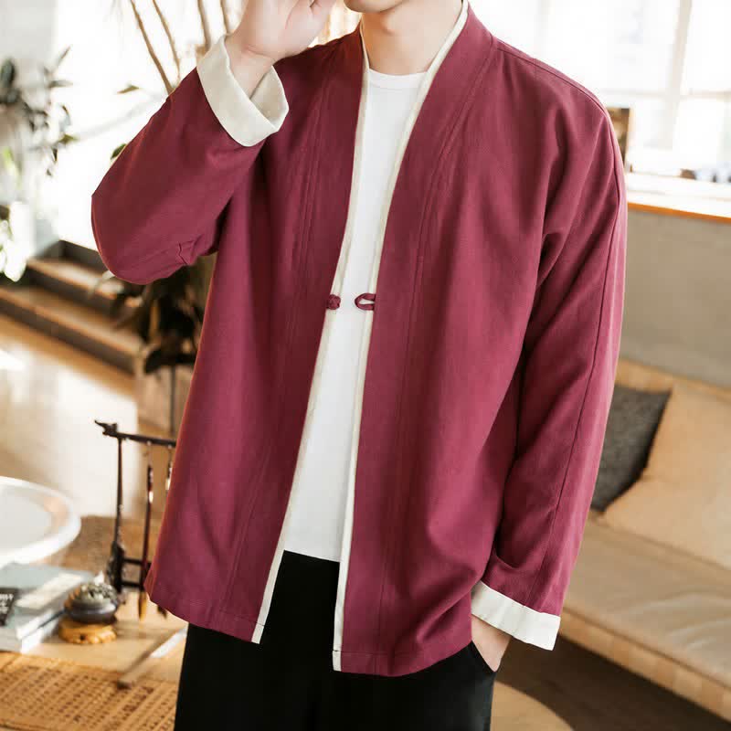 Buddha Stones Herbst/Winter Tang Style Minimalistischer Kimono mit Froschknopf aus einfarbiger Baumwolle für Herren - Kastanienbraun - US/UK/AU46, EU56 (5XL) - image 18