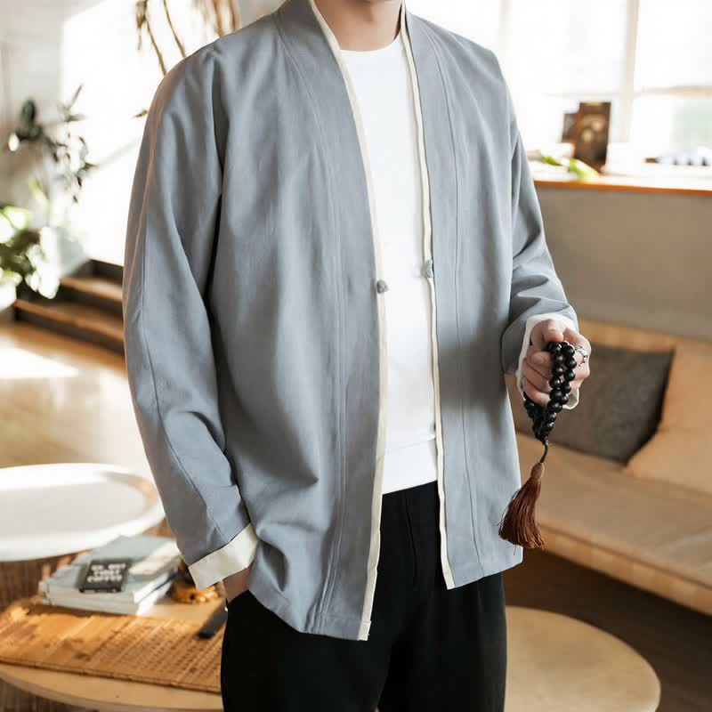 Buddha Stones Herbst/Winter Tang Style Minimalistischer Kimono mit Froschknopf aus einfarbiger Baumwolle für Herren - image 10