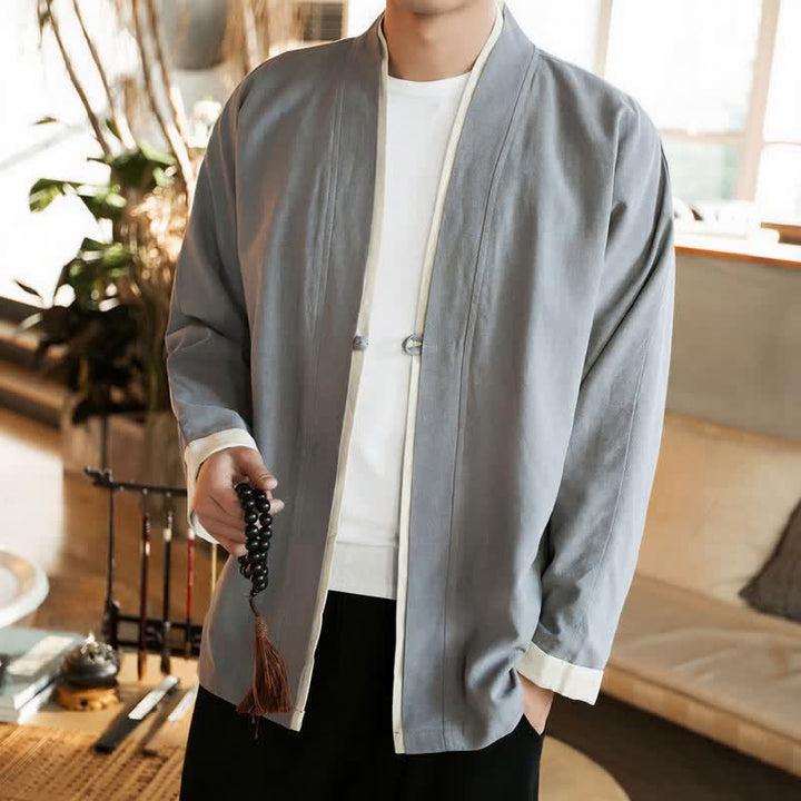 Buddha Stones Herbst/Winter Tang Style Minimalistischer Kimono mit Froschknopf aus einfarbiger Baumwolle für Herren - Hellgrau - US/UK/AU46, EU56 (5XL) - image 9