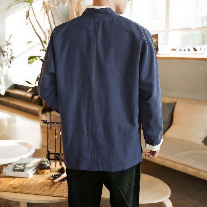 Buddha Stones Herbst/Winter Tang Style Minimalistischer Kimono mit Froschknopf aus einfarbiger Baumwolle für Herren - image 2