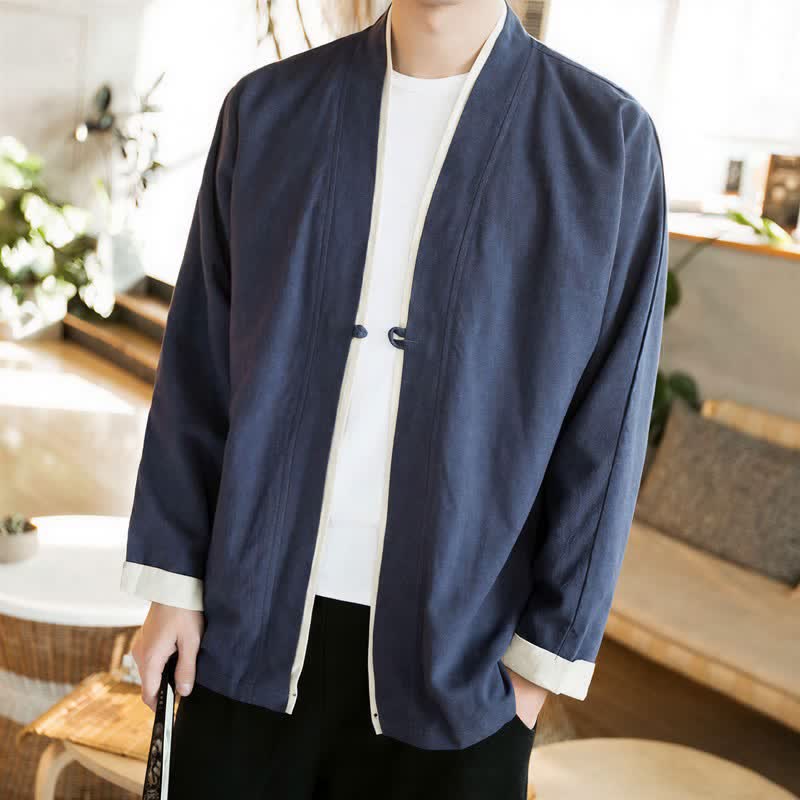 Buddha Stones Herbst/Winter Tang Style Minimalistischer Kimono mit Froschknopf aus einfarbiger Baumwolle für Herren - Marine - US/UK/AU46, EU56 (5XL) - image 0