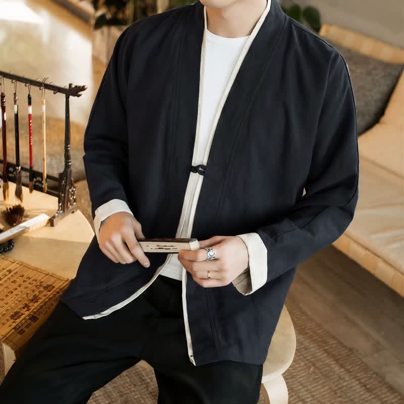 Buddha Stones Herbst/Winter Tang Style Minimalistischer Kimono mit Froschknopf aus einfarbiger Baumwolle für Herren - image 17
