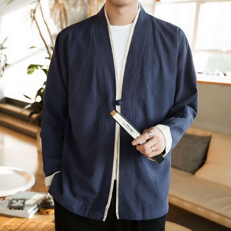 Buddha Stones Herbst/Winter Tang Style Minimalistischer Kimono mit Froschknopf aus einfarbiger Baumwolle für Herren - image 1