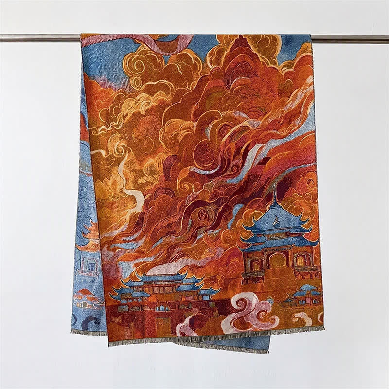 Buddha Stones Herbst Winter Lotus Bergwellen Dunhuang Farbmuster Weicher Schal - Orangefarbene Glückswolken - 70 x 188 cm - image 10