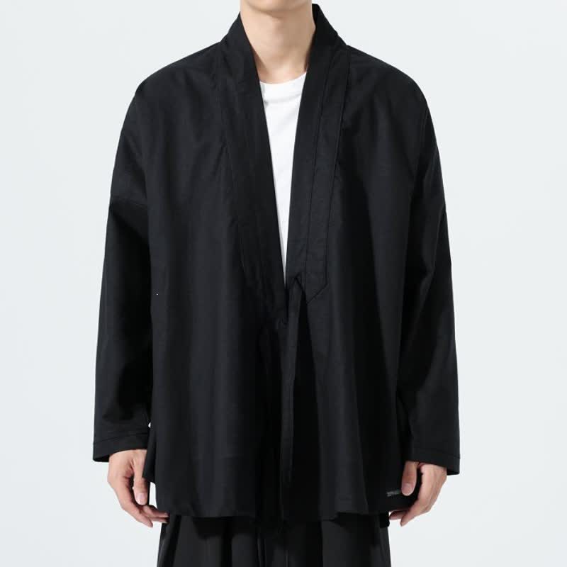 Buddha Stones Minimalistischer Herbst-Kimonos im Tang-Stil mit Kordelzug, einfarbig, für Herren - Schwarz - US/UK/AU46, EU56 (5XL) - image 6