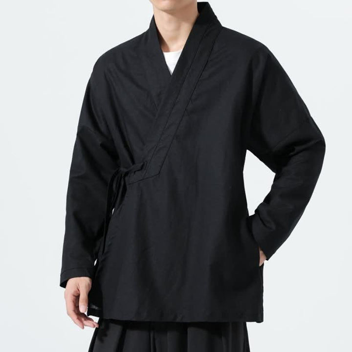 Buddha Stones Minimalistischer Herbst-Kimonos im Tang-Stil mit Kordelzug, einfarbig, für Herren - image 10
