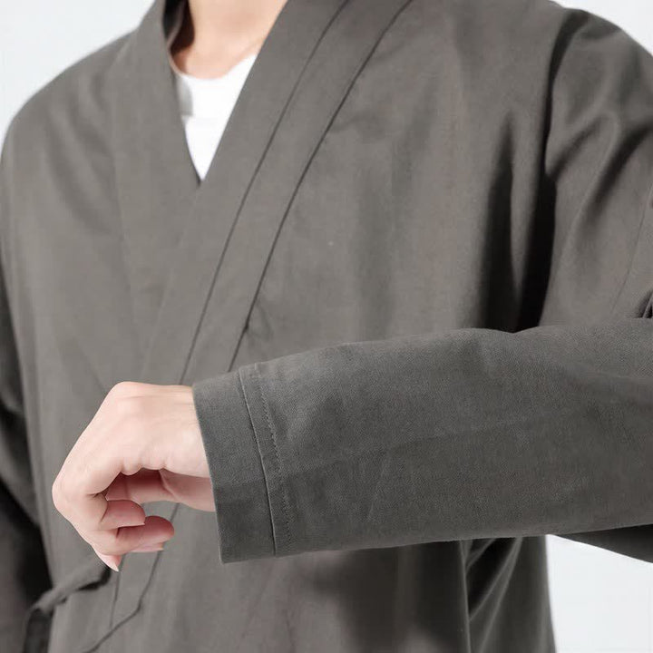 Buddha Stones Minimalistischer Herbst-Kimonos im Tang-Stil mit Kordelzug, einfarbig, für Herren - image 4