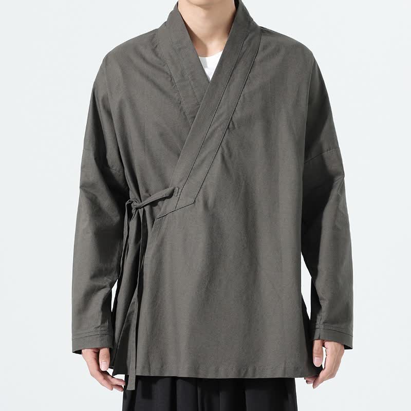 Buddha Stones Minimalistischer Herbst-Kimonos im Tang-Stil mit Kordelzug, einfarbig, für Herren - image 1