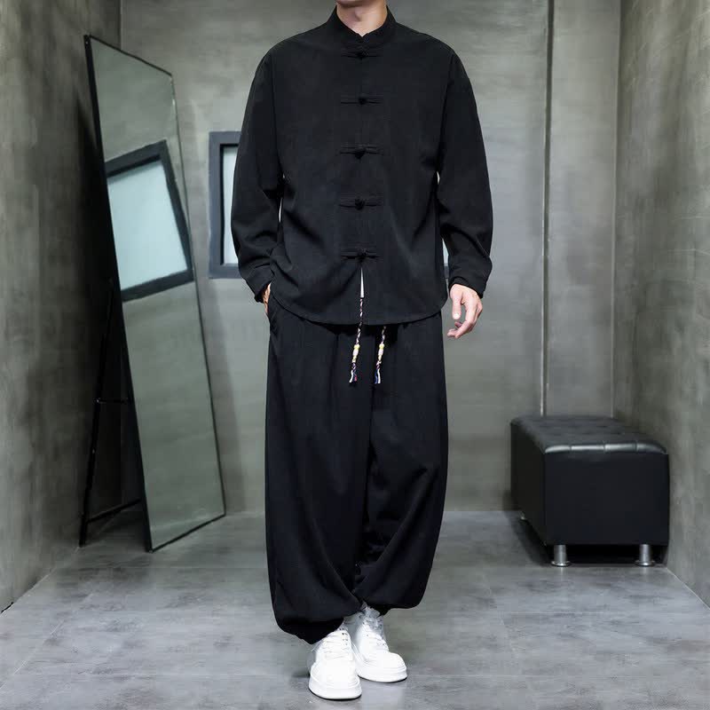 Buddha Stones Herbst/Winter Tang Style Casual Frog Button Solid Herren Meditationskleidung mit Tasche - Schwarz - US/UK/AU46, EU56 (5XL) - image 9