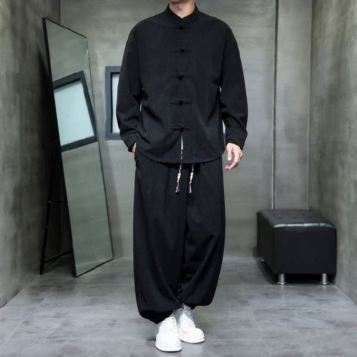 Buddha Stones Herbst/Winter Tang Style Casual Frog Button Solid Herren Meditationskleidung mit Tasche - Schwarz - US/UK/AU46, EU56 (5XL) - image 9