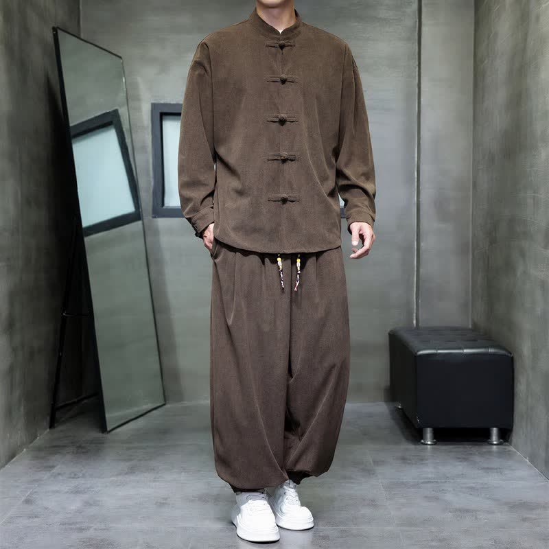 Buddha Stones Herbst/Winter Tang Style Casual Frog Button Solid Herren Meditationskleidung mit Tasche - image 1