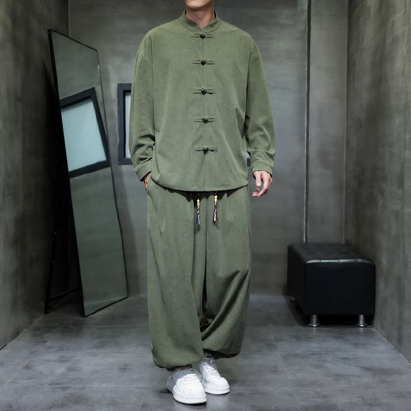 Buddha Stones Herbst/Winter Tang Style Casual Frog Button Solid Herren Meditationskleidung mit Tasche - Olivgrün - US/UK/AU46, EU56 (5XL) - image 13