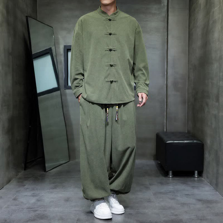 Buddha Stones Herbst/Winter Tang Style Casual Frog Button Solid Herren Meditationskleidung mit Tasche - Olivgrün - US/UK/AU46, EU56 (5XL) - image 13