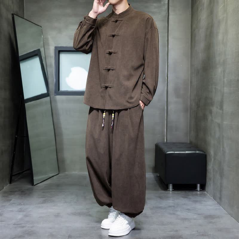 Buddha Stones Herbst/Winter Tang Style Casual Frog Button Solid Herren Meditationskleidung mit Tasche - Sattelbraun - US/UK/AU46, EU56 (5XL) - image 0