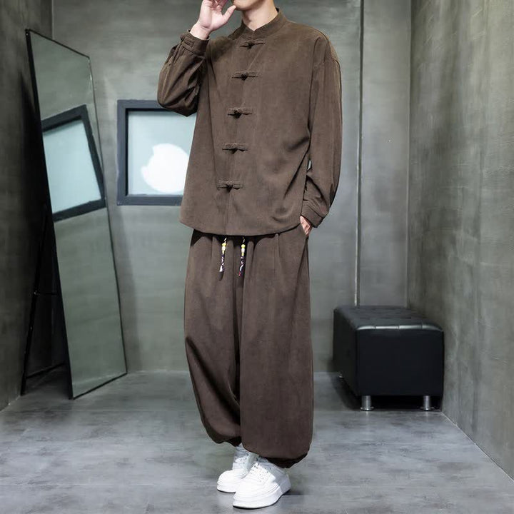 Buddha Stones Herbst/Winter Tang Style Casual Frog Button Solid Herren Meditationskleidung mit Tasche - Sattelbraun - US/UK/AU46, EU56 (5XL) - image 0